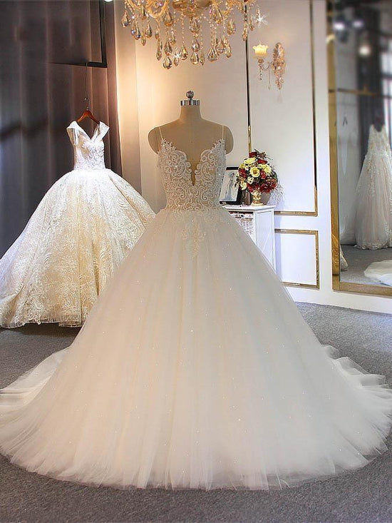 Shiny Long Ball Gown Sweetheart Spaghetti Strap Lace Tulle Wedding Dresses-BIZTUNNEL