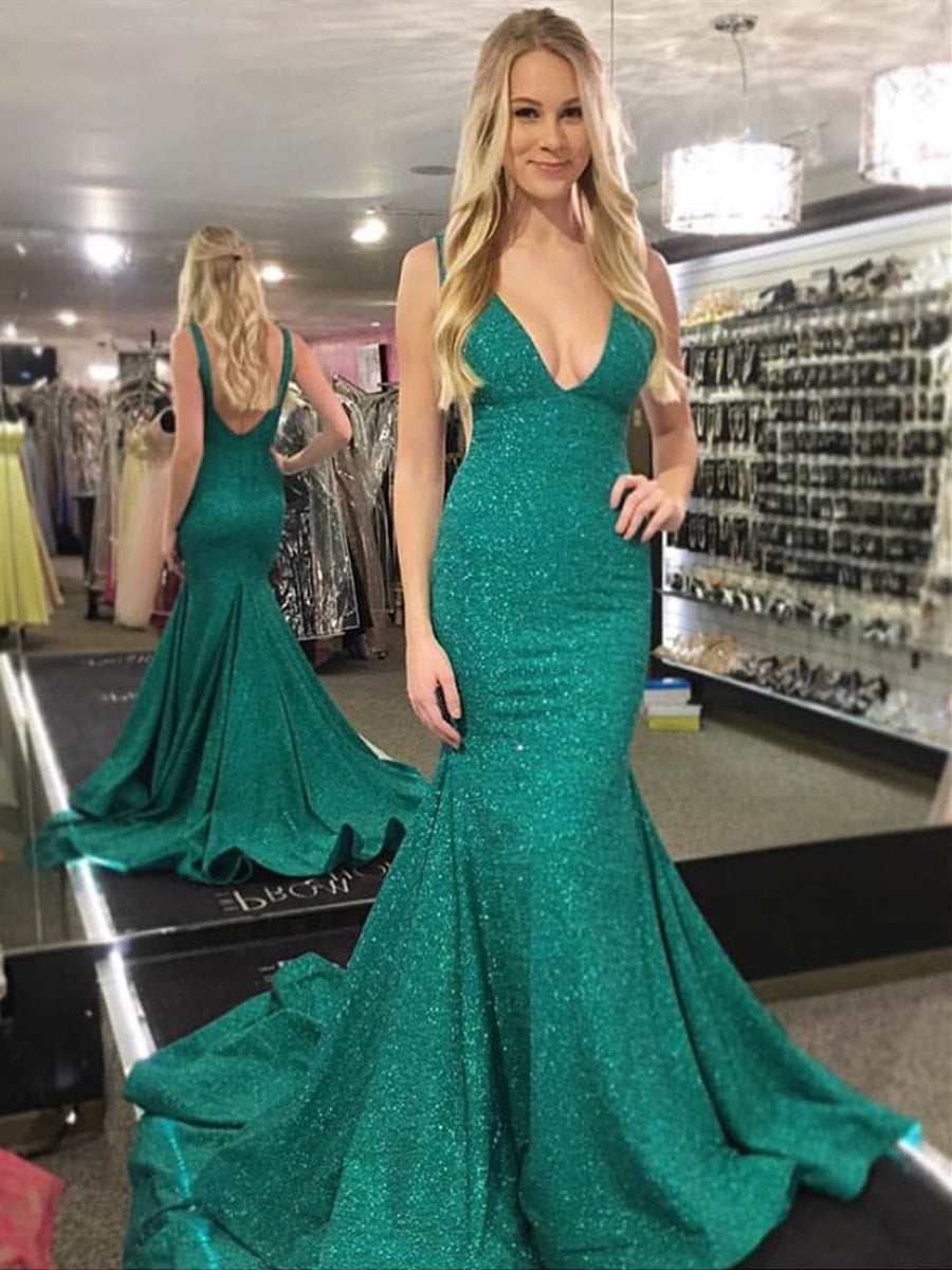 Shiny Long Mermaid V Neck Backless Prom Formal Evening Dresses with Train-BIZTUNNEL