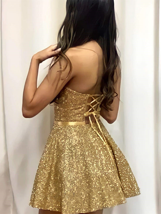 Shiny Short A-line Strapless Sequined Prom Homecoming Dresses-BIZTUNNEL