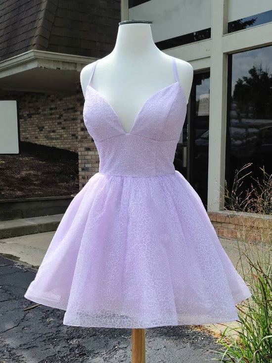 Shiny Short A-line V Neck Lilac Prom Homecoming Dresses-BIZTUNNEL