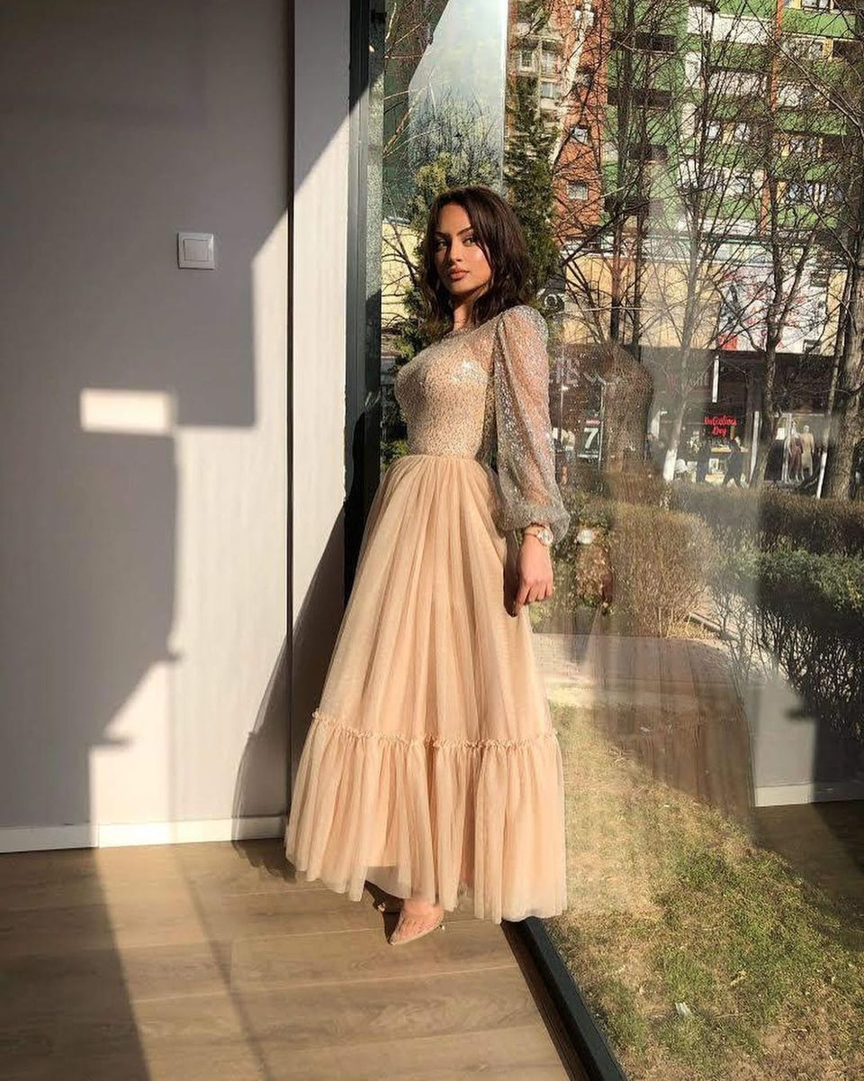 A Line Bateau Long Sleeves Beadings Tulle Prom Dress LBQ0533