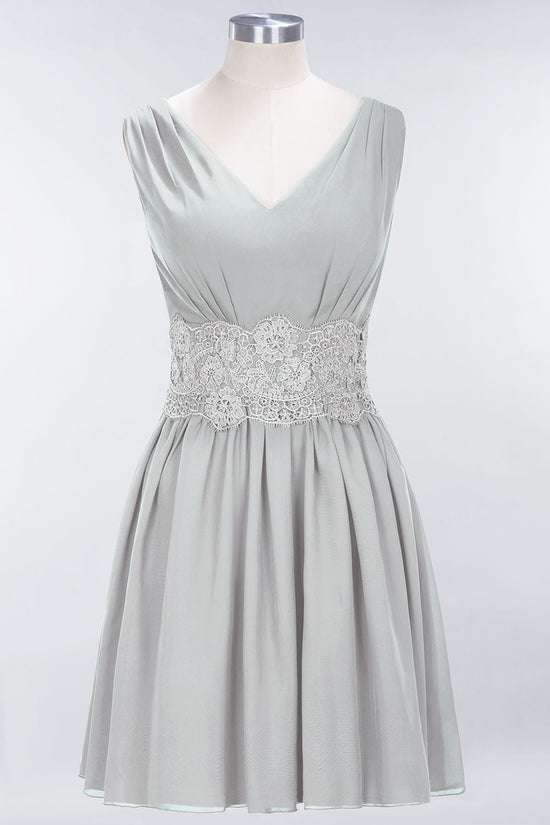 Short A-line Chiffon Lace V-Neck Bridesmaid Dresses-BIZTUNNEL