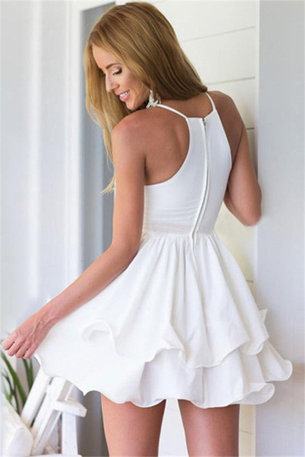 Short A-line Chiffon V-Neck Layer White Homecoming Dress-BIZTUNNEL