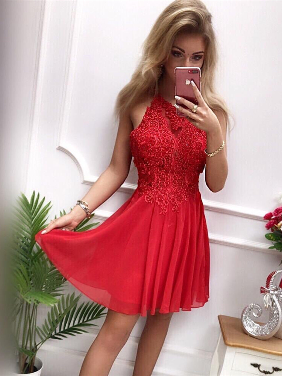 Short A-line Halter Chiffon Lace Prom Formal Homecoming Dresses-BIZTUNNEL