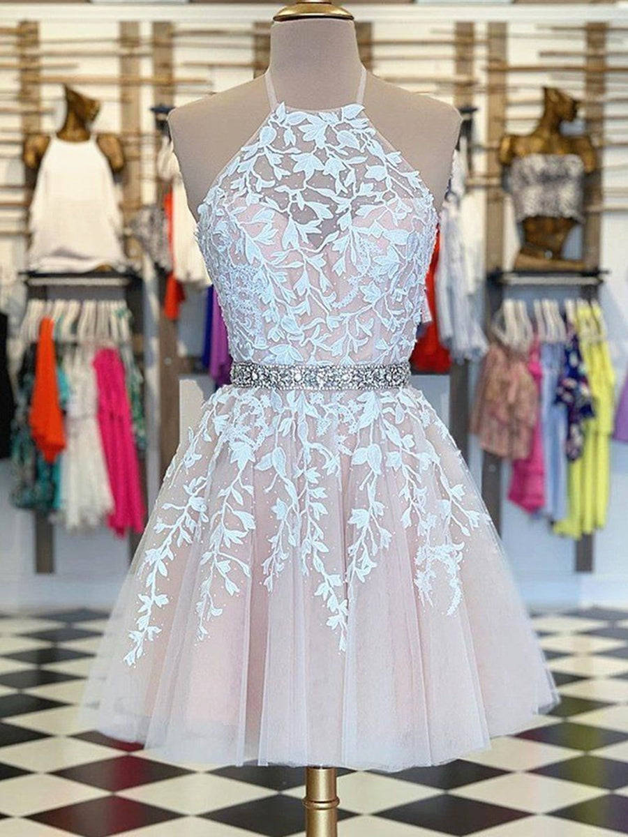 Carregar imagem no visualizador da galeria, Short A-line Halter Lace Tulle Backless Homecoming Prom Dresses-BIZTUNNEL
