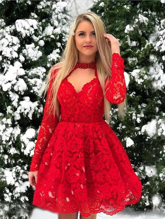 Short A-line Lace Red Long Sleeves Prom Dresses-BIZTUNNEL