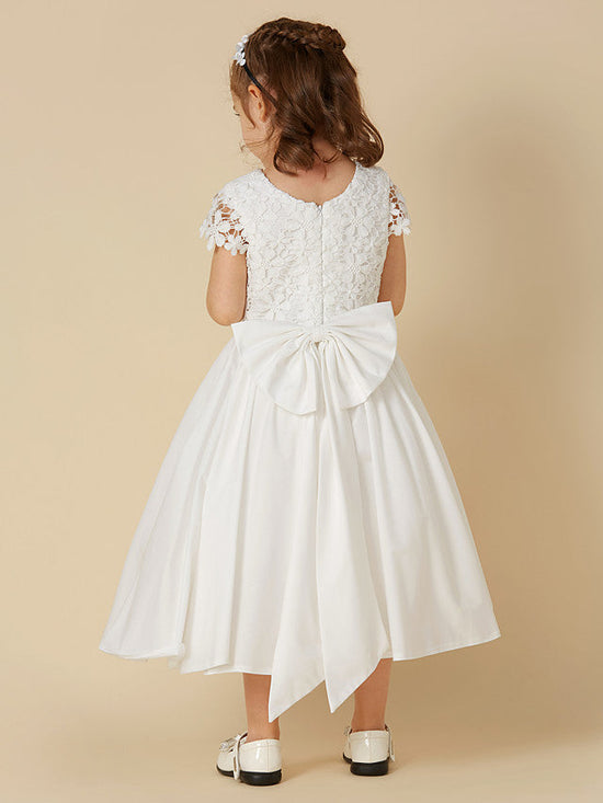 Short A-Line Lace Scoop Neck Wedding First Communion Flower Girl Dresses with Sleeves-BIZTUNNEL