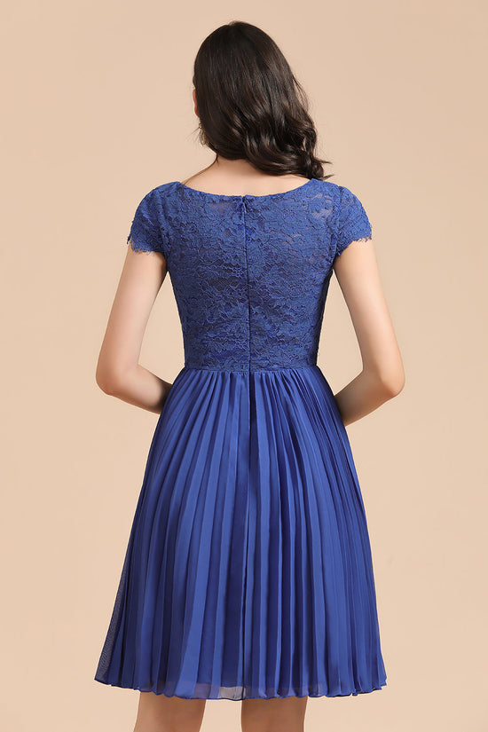 Charger l&amp;#39;image dans la galerie, Short A-line Lace Sleeve Royal Blue Bridesmaid Dress with Sleeves-BIZTUNNEL
