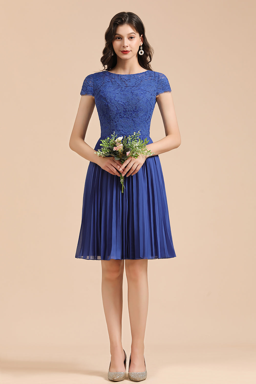 Load image into Gallery viewer, Short A-line Lace Sleeve Royal Blue Bridesmaid Dress with Sleeves-BIZTUNNEL
