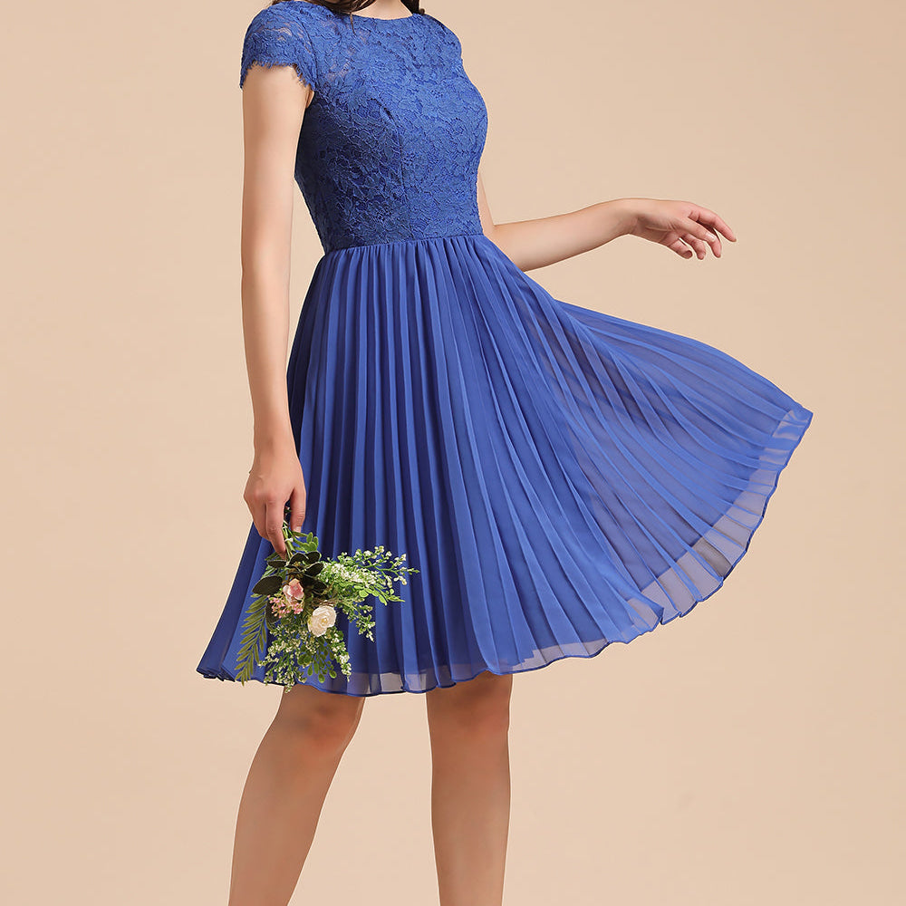 Short A-line Lace Sleeve Royal Blue Bridesmaid Dress with Sleeves – BIZTUNNEL
