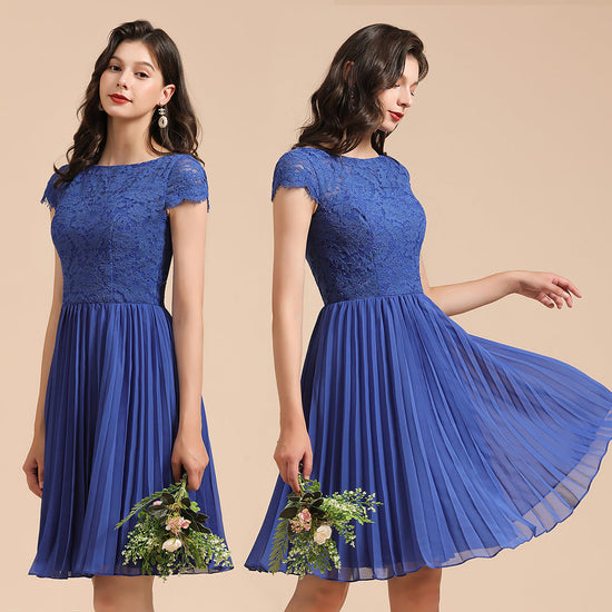 Charger l&amp;#39;image dans la galerie, Short A-line Lace Sleeve Royal Blue Bridesmaid Dress with Sleeves-BIZTUNNEL
