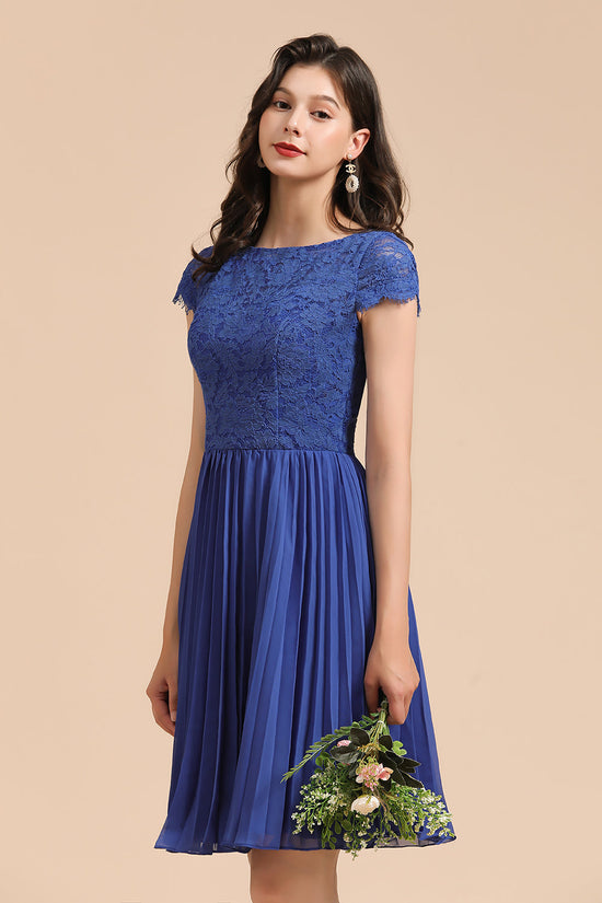 Short A-line Lace Sleeve Royal Blue Bridesmaid Dress with Sleeves-BIZTUNNEL