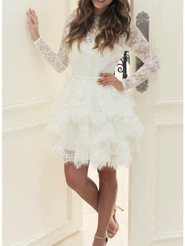 Carregar imagem no visualizador da galeria, Short A-line Lace Tulle Jewel Neck Wedding Dresses with Sleeves-BIZTUNNEL
