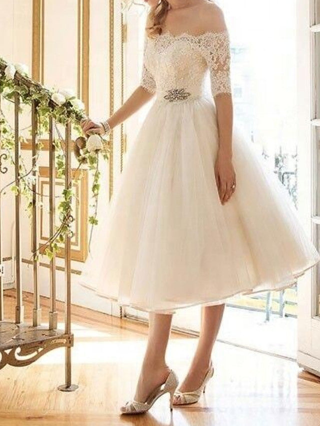 Carregar imagem no visualizador da galeria, Short A-Line Off Shoulder Lace Tulle Wedding Dresses with Sleeves-BIZTUNNEL
