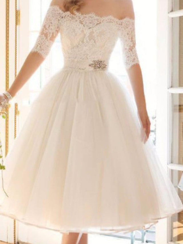 Charger l&amp;#39;image dans la galerie, Short A-Line Off Shoulder Lace Tulle Wedding Dresses with Sleeves-BIZTUNNEL
