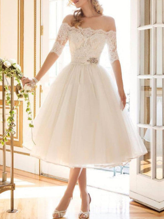 Carregar imagem no visualizador da galeria, Short A-Line Off Shoulder Lace Tulle Wedding Dresses with Sleeves-BIZTUNNEL
