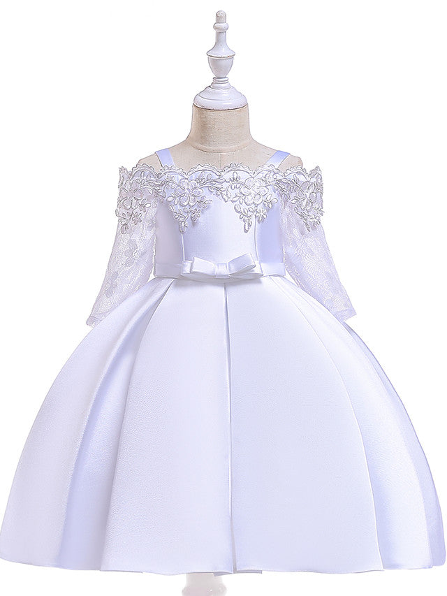 Short A-Line Off Shoulder Wedding Birthday Pageant Flower Girl Dresses with Sleeves-BIZTUNNEL