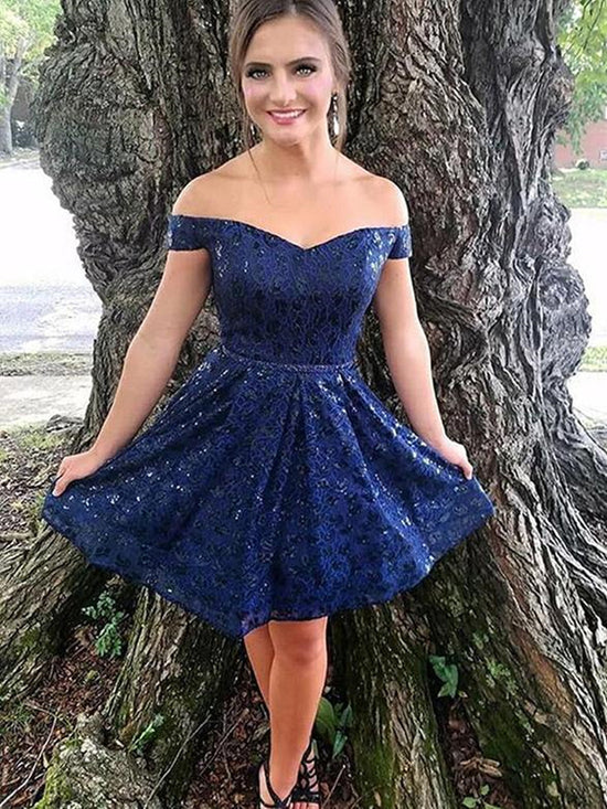 Short A-line Off the Shoulder Lace Prom Formal Homecoming Dresses-BIZTUNNEL