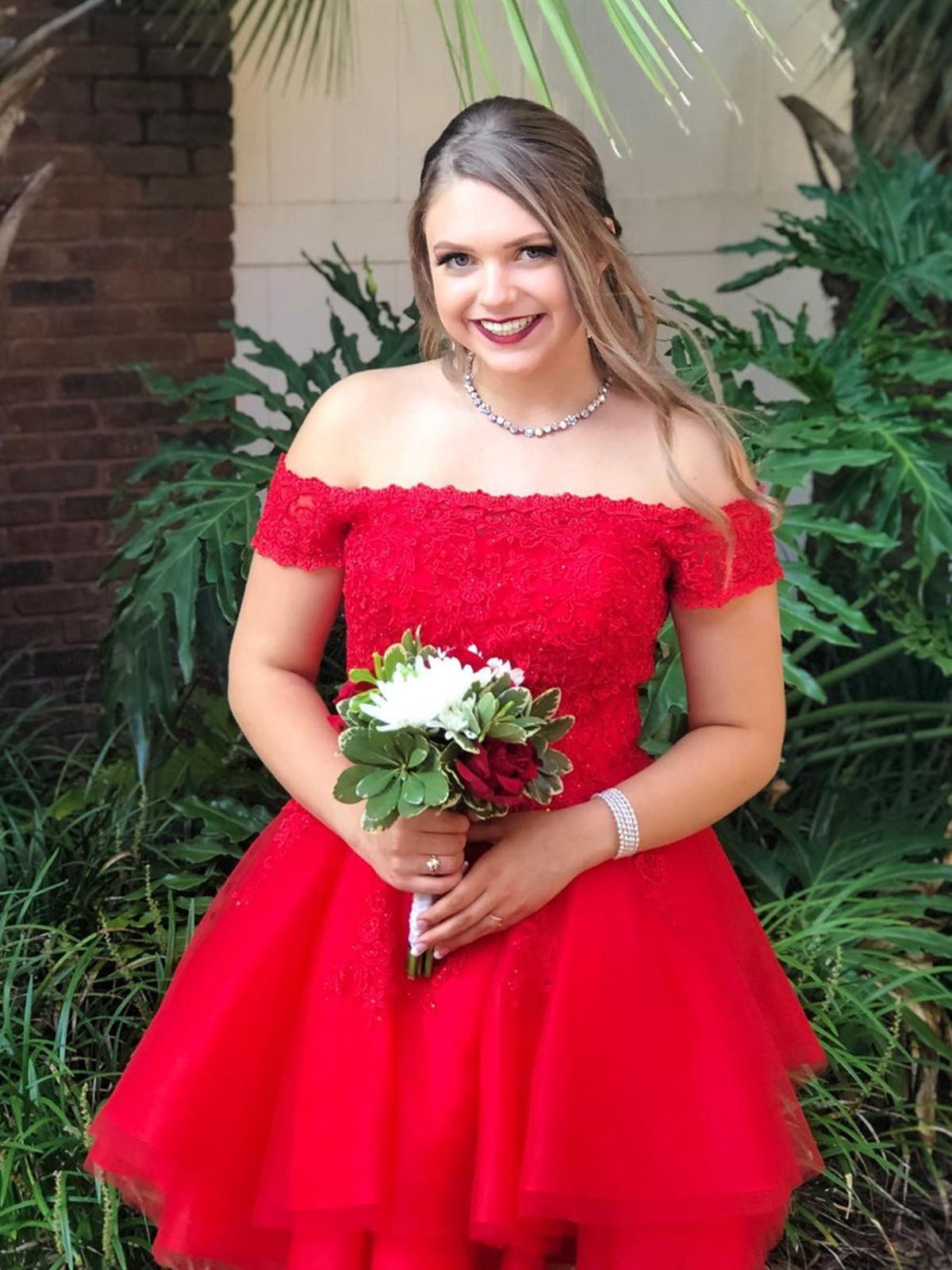 Short A-line Off the Shoulder Lace Tulle Red Prom Homecoming Dresses-BIZTUNNEL