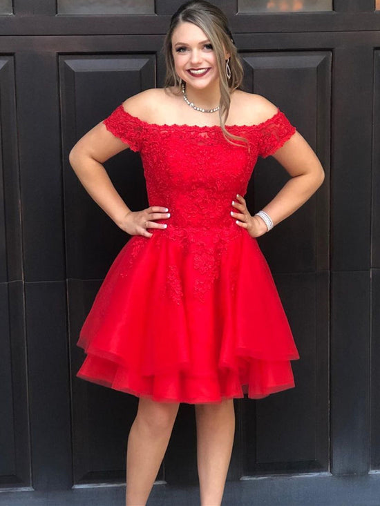 Short A-line Off the Shoulder Lace Tulle Red Prom Homecoming Dresses-BIZTUNNEL