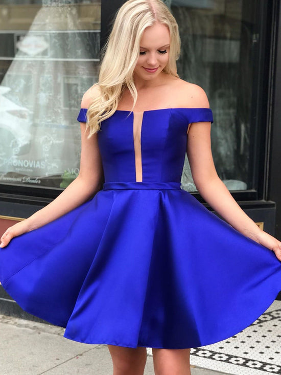 Load image into Gallery viewer, Short A-line Off the Shoulder Prom Dresses Royal Blue Formal Homecoming Graduation Gowns-BIZTUNNEL
