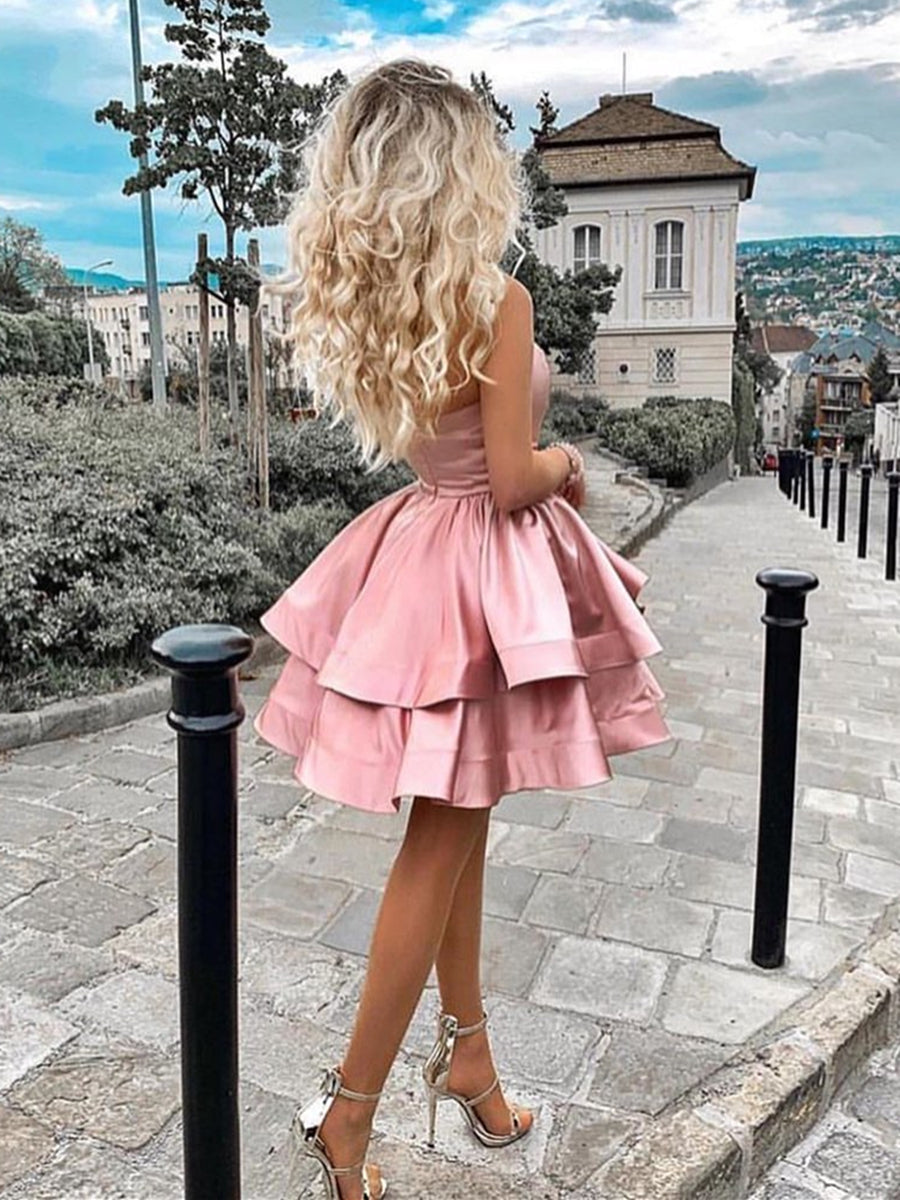 Short A-line One Shoulder Layered Satin Short Prom Homecoming Dresses-BIZTUNNEL