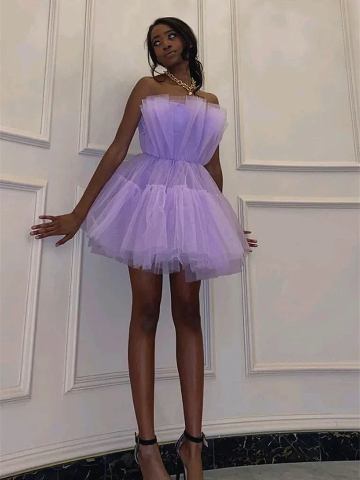 Short A-line Princess Strapless Tulle Prom Homecoming Dresses-BIZTUNNEL
