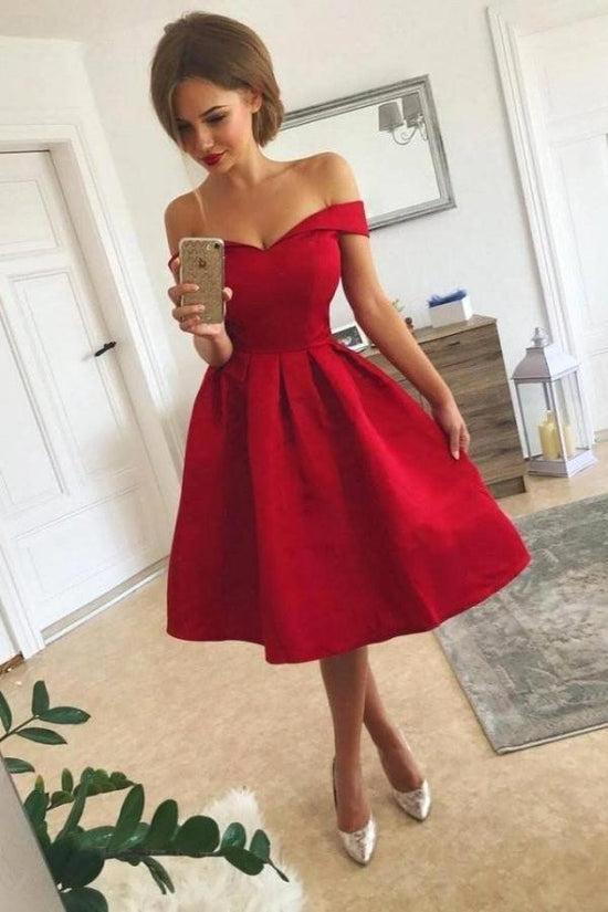 Short A-line Satin Off The Shoulder Red Prom Dress-BIZTUNNEL