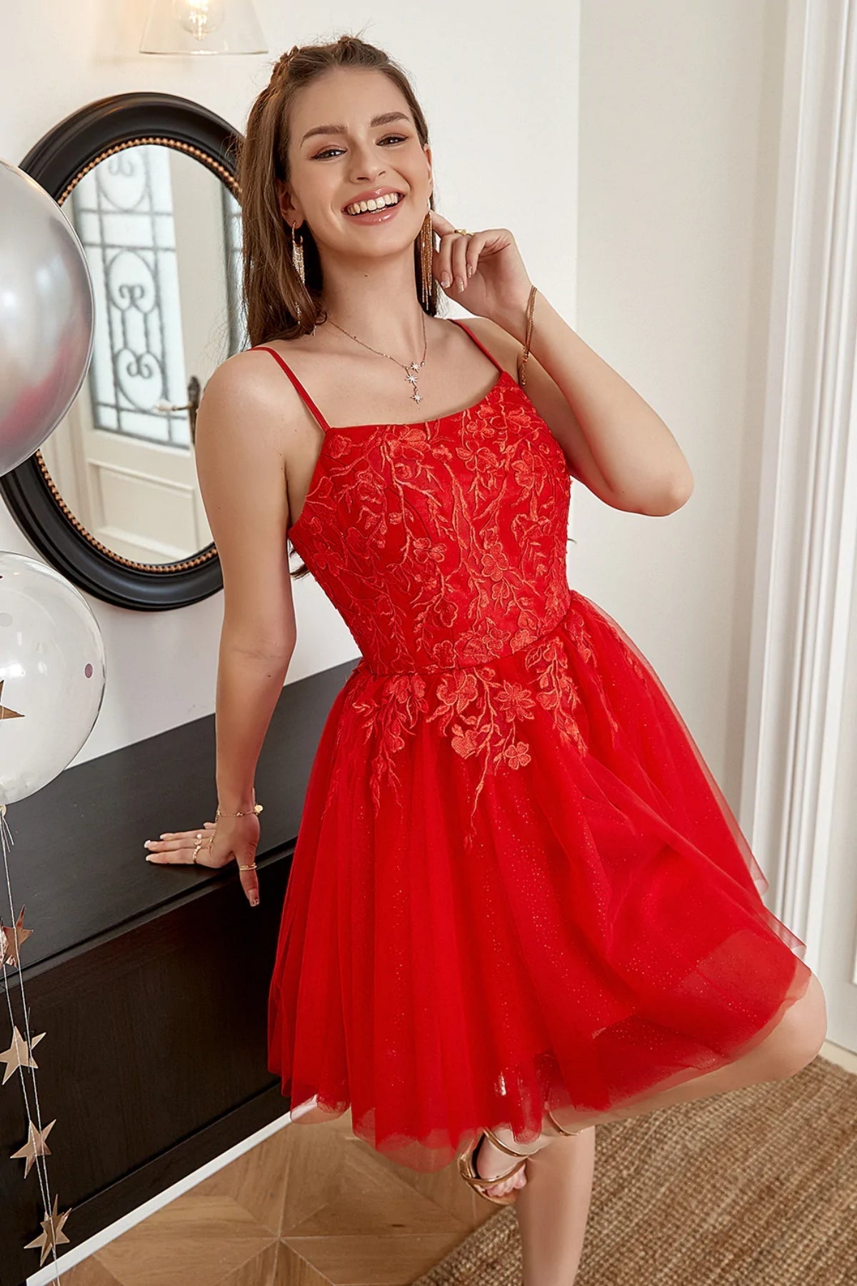 Short A-line Scoop Neck Tulle Lace Backless Prom Dresses, Red Homecoming Dresses-BIZTUNNEL