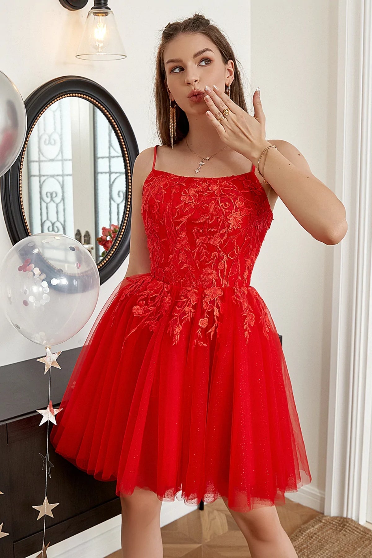Short A-line Scoop Neck Tulle Lace Backless Prom Dresses, Red Homecoming Dresses-BIZTUNNEL