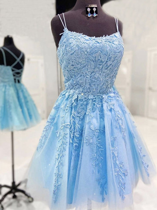 Short A-line Sleeveless Tulle Lace Backless Prom Homecoming Dresses-BIZTUNNEL