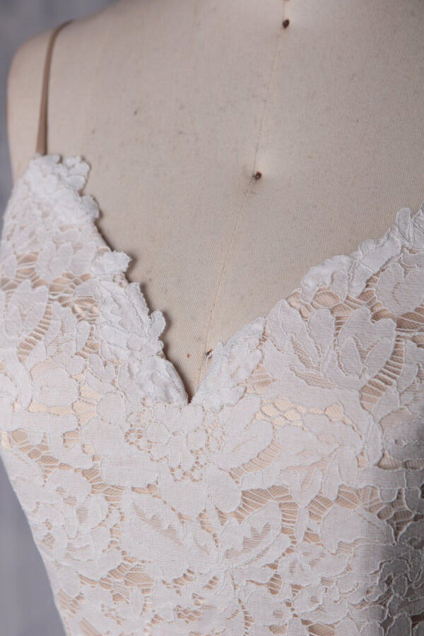 Charger l&amp;#39;image dans la galerie, Short A-line Spaghetti Strap Lace Tulle Wedding Dress-BIZTUNNEL

