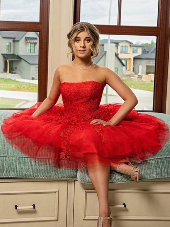 Short A-line Strapless Lace Tulle Prom Dress Red Homecoming Dress-BIZTUNNEL