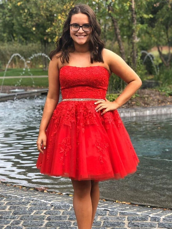 Short A-line Strapless Lace Tulle Prom Dress Red Homecoming Dress-BIZTUNNEL
