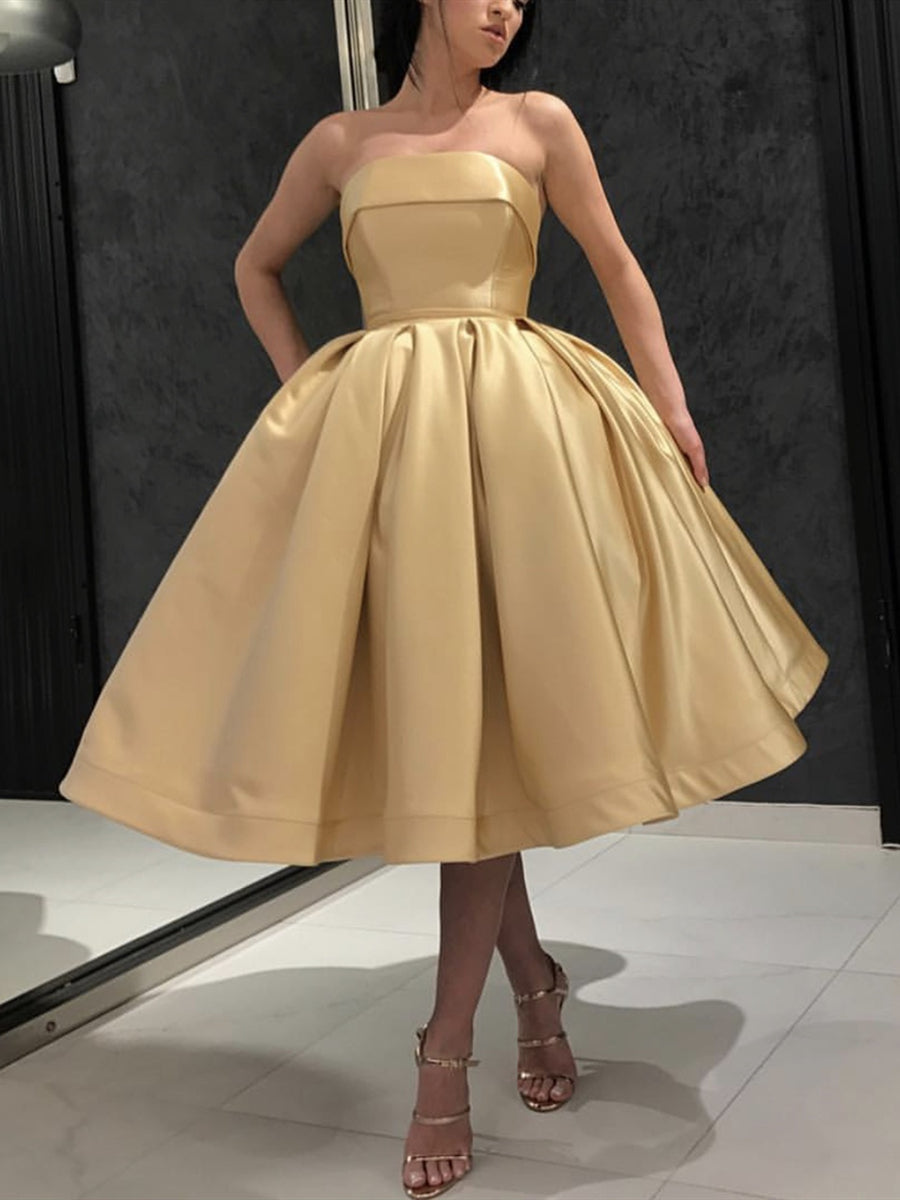 Short A-line Strapless Satin Prom Homecoming Dresses Tea Length Formal