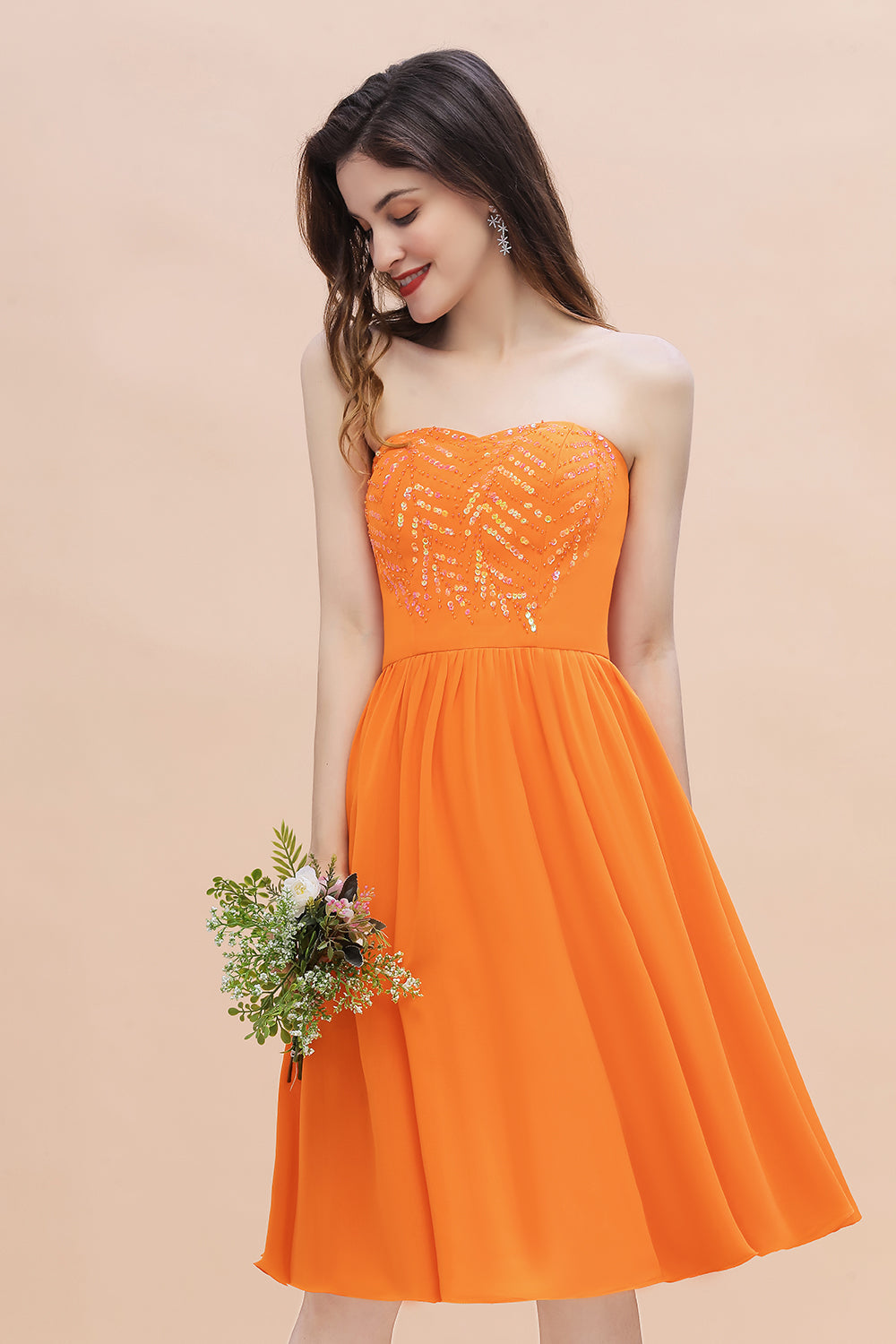 orange bridesmaid dresses floral EVERPRETTY Summer Early Autumn Elegant Sparkling 3D Floral Off-Shoulder Spaghetti Strap Caramel Orange Bridesmaid Dress, Suitable For Wedding Guest Formal Evening Party