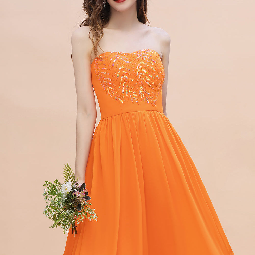 Short A-Line Strapless Sequins Chiffon Orange Bridesmaid Dress Short A-Line Strapless Sequins Chiffon Orange Bridesmaid Dress