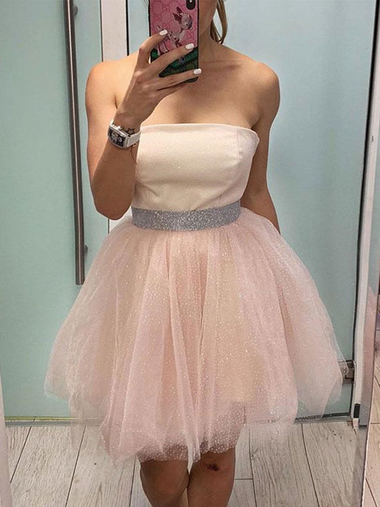 Short A-line Strapless Tulle Prom Homecoming Dresses with Belt-BIZTUNNEL