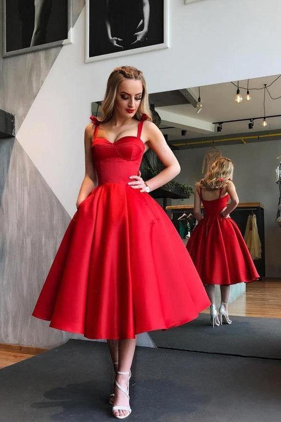 Short A-line Sweetheart Satin Red Prom Dress with Pockets-BIZTUNNEL