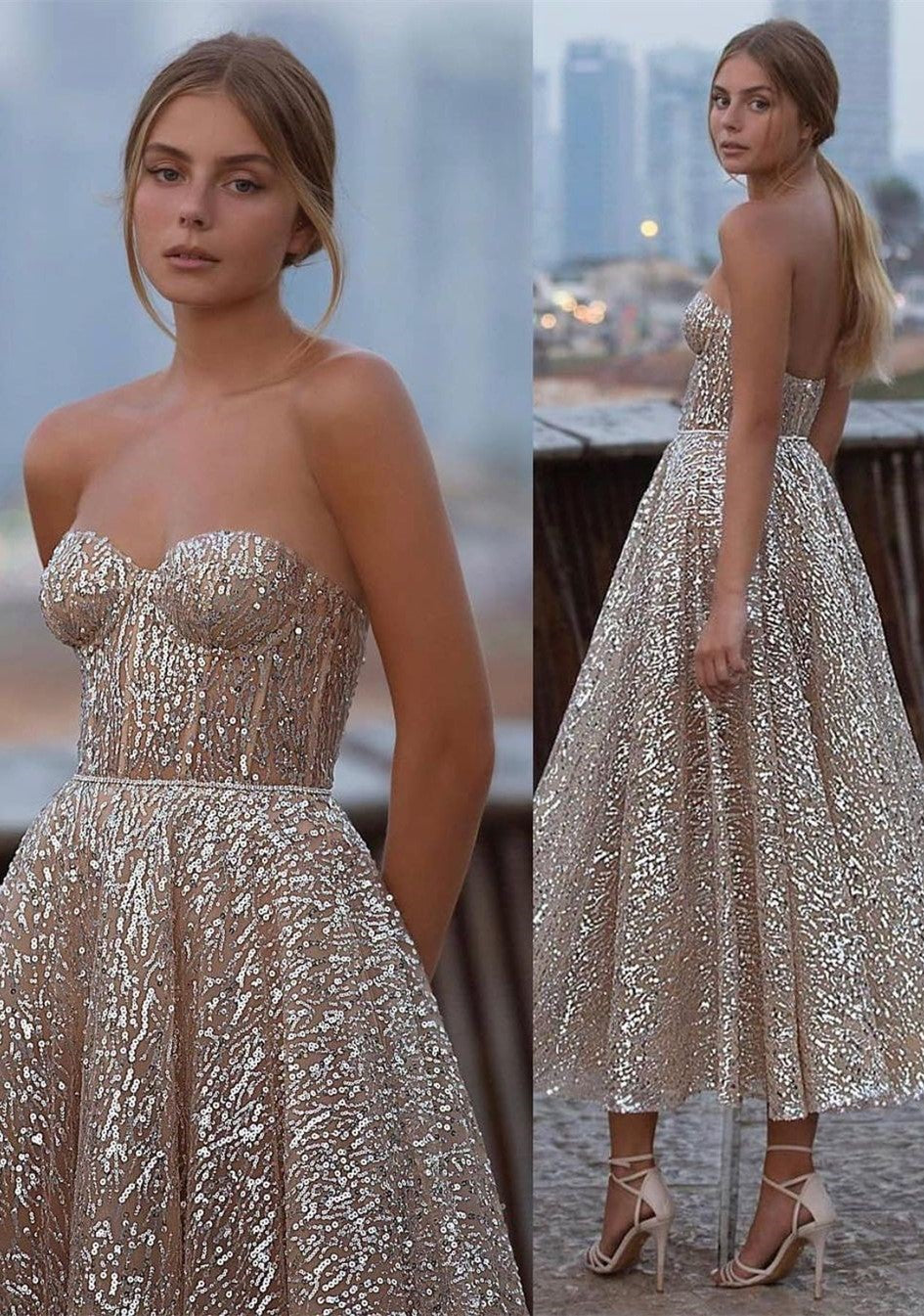 Short A-Line Sweetheart Sequins Ankle-length Backless Prom Dress-BIZTUNNEL