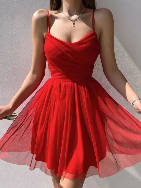 Short A-line Sweetheart Spaghetti Straps Chiffon Porm Dress Red Homecoming Dresses-BIZTUNNEL