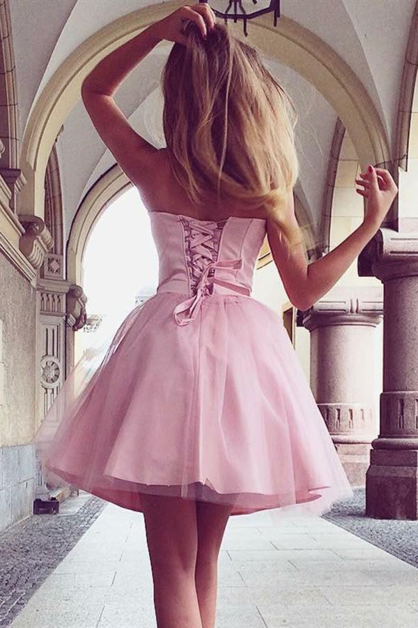 Short A-Line Sweetheart Strapless Pink Homecoming Dress-BIZTUNNEL