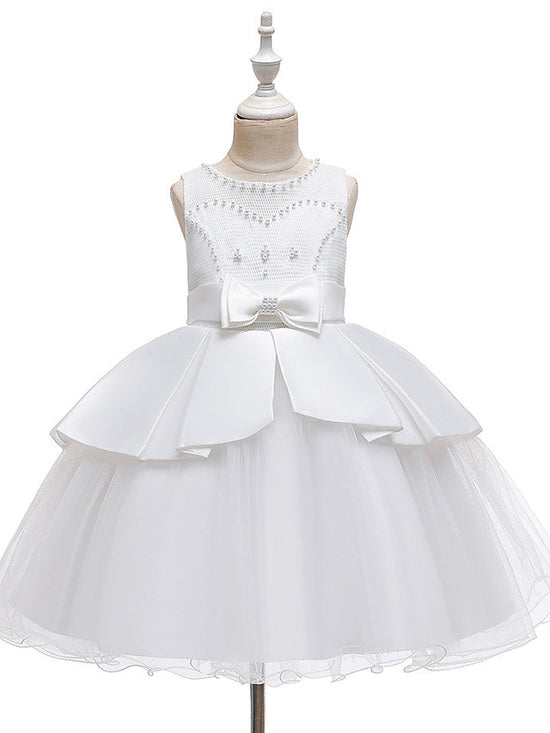 Short A-Line Tulle Satin Jewel Neck Wedding Party Communion Dresses-BIZTUNNEL