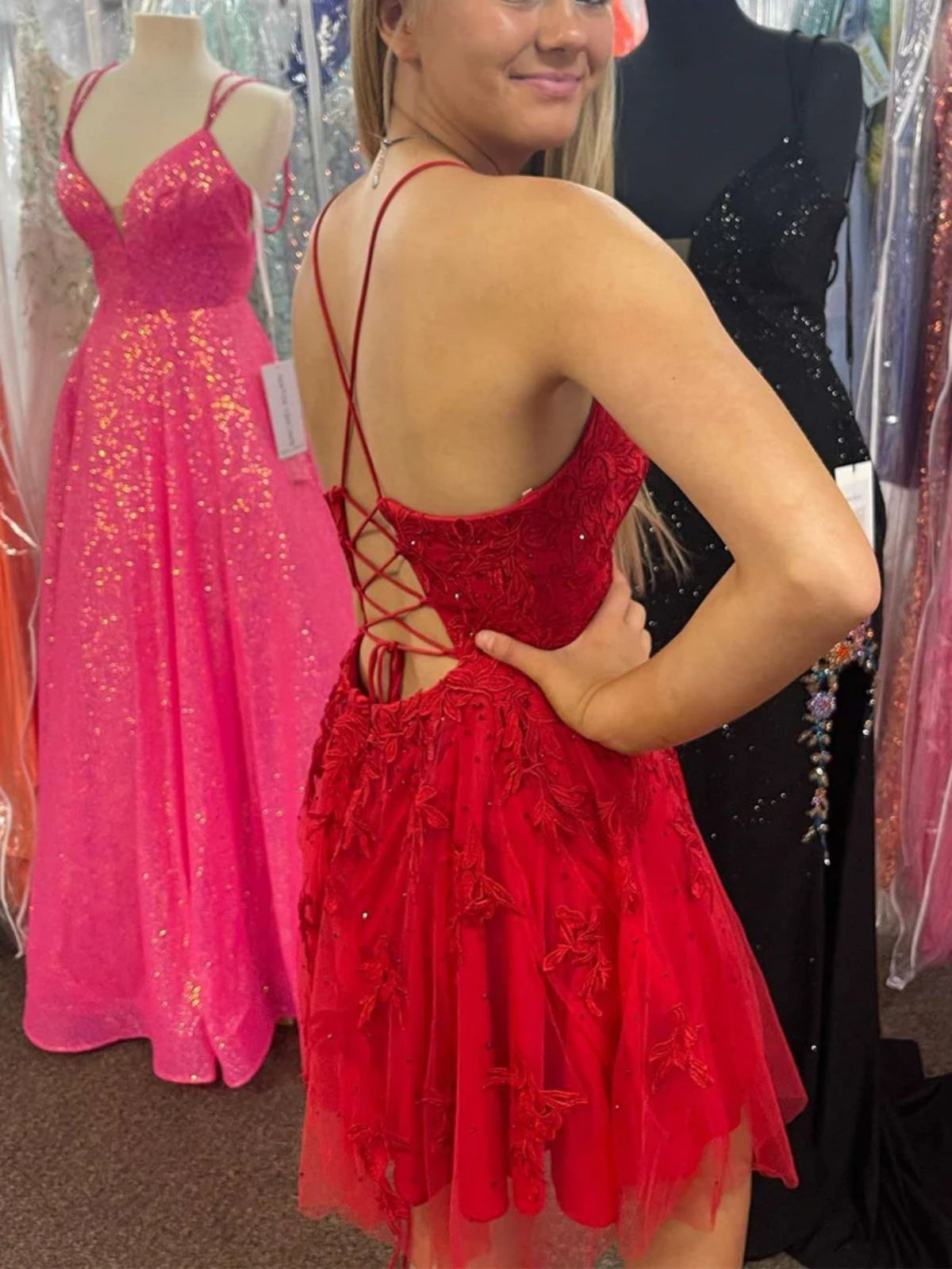 Blush Prom 20404 Short A Line Lace Sequin Cocktail Dress Backless Corset  Fit & Flare
