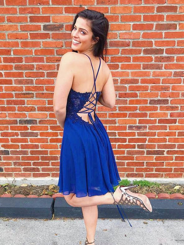 Short A-line V-neck Chiffon Lace Backless Beaded Prom Homecoming Dress BIZTUNNEL Short A-line V-neck Chiffon Lace Backless Beaded Prom Homecoming Dress BIZTUNNEL