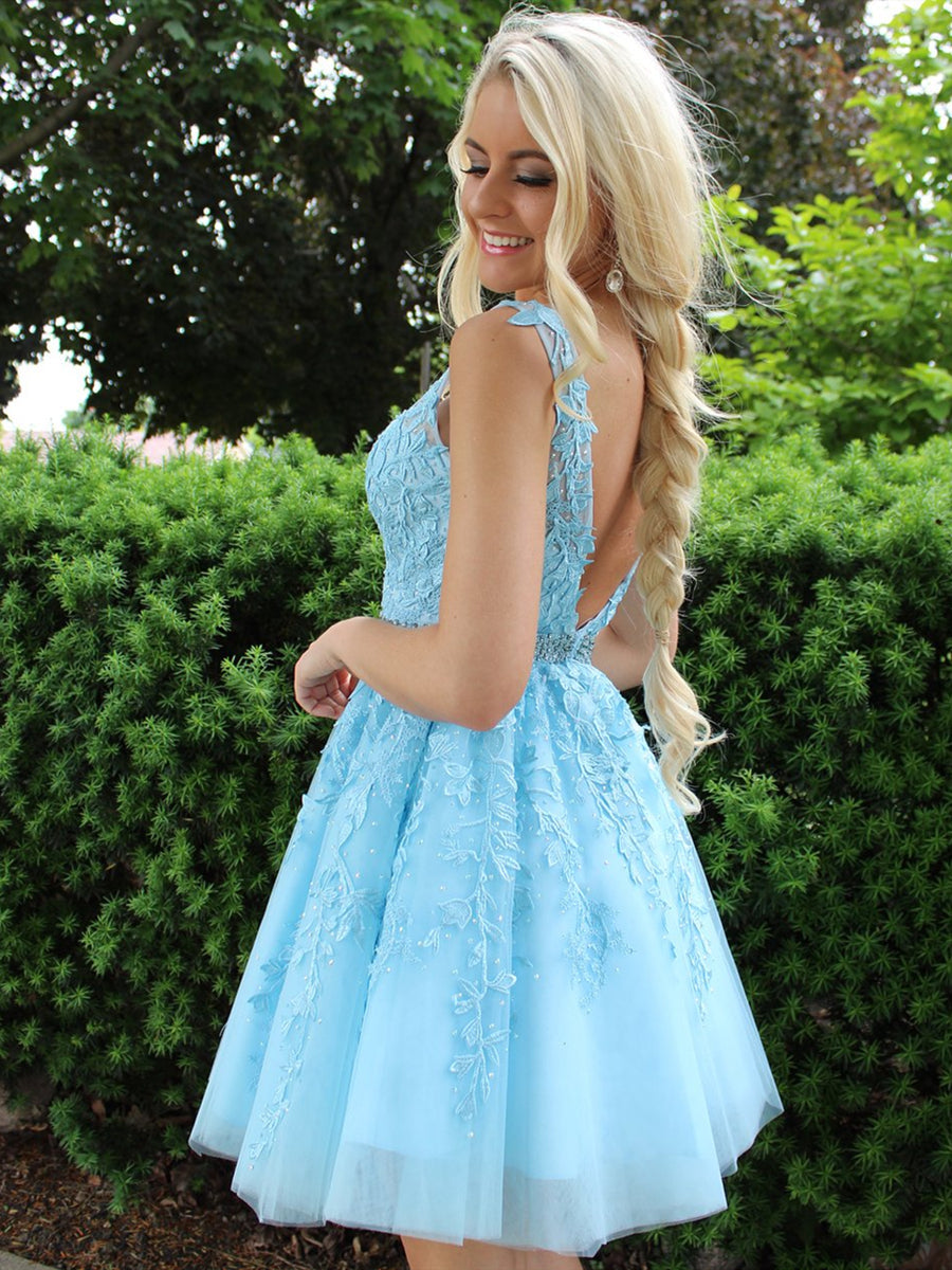 Short A-line V Neck Lace Appliques Tulle Backless Homecoming Prom Dresses-BIZTUNNEL