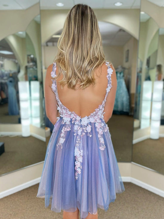 Short A-line V-neck Lace Floral Tulle Backless Formal Prom Homecoming Dresses-BIZTUNNEL
