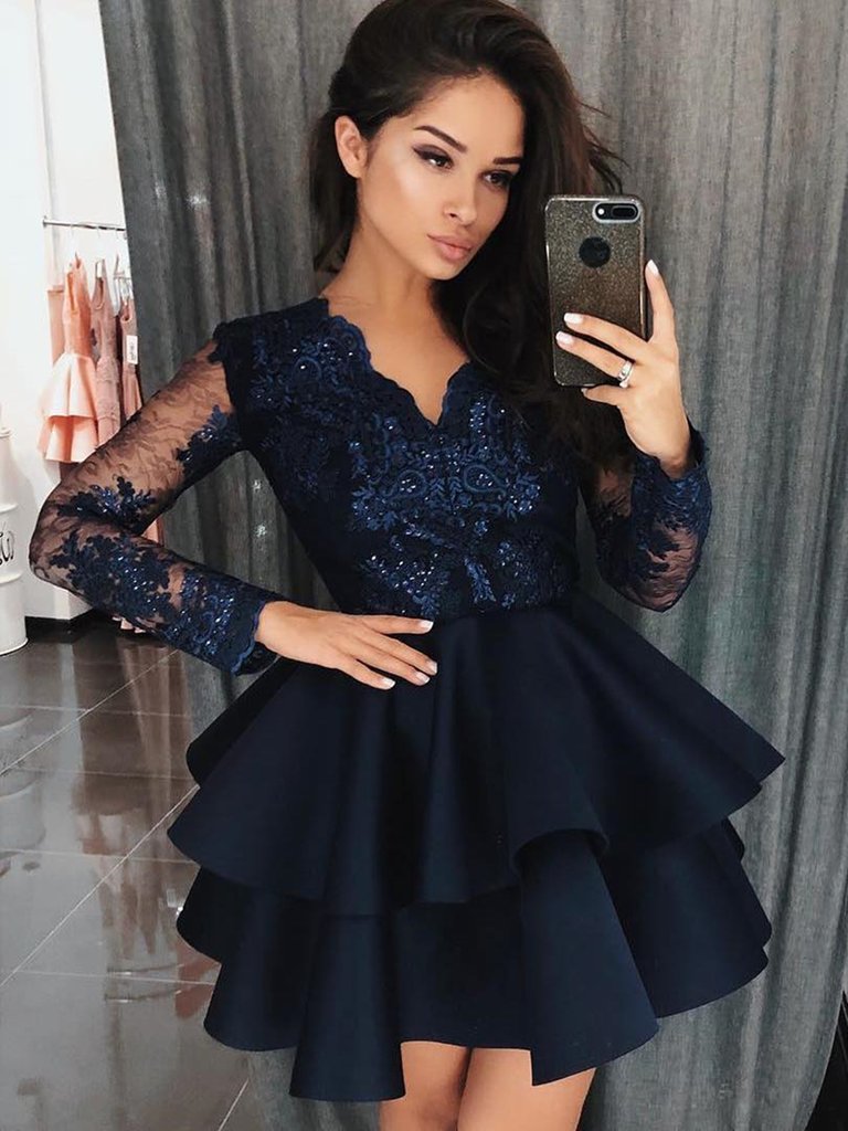 Short A-line V-neck Lace Prom Dresses with Sleeves-BIZTUNNEL