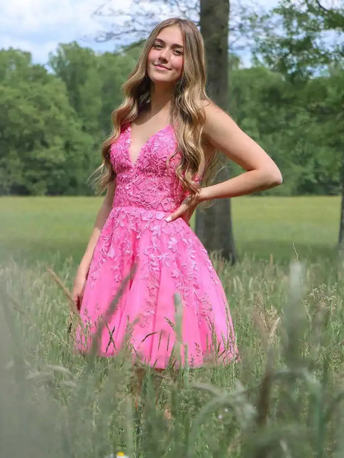 Short A-line V-neck Lace Tulle Backless Prom Dress Pink Homecoming Dresses-BIZTUNNEL