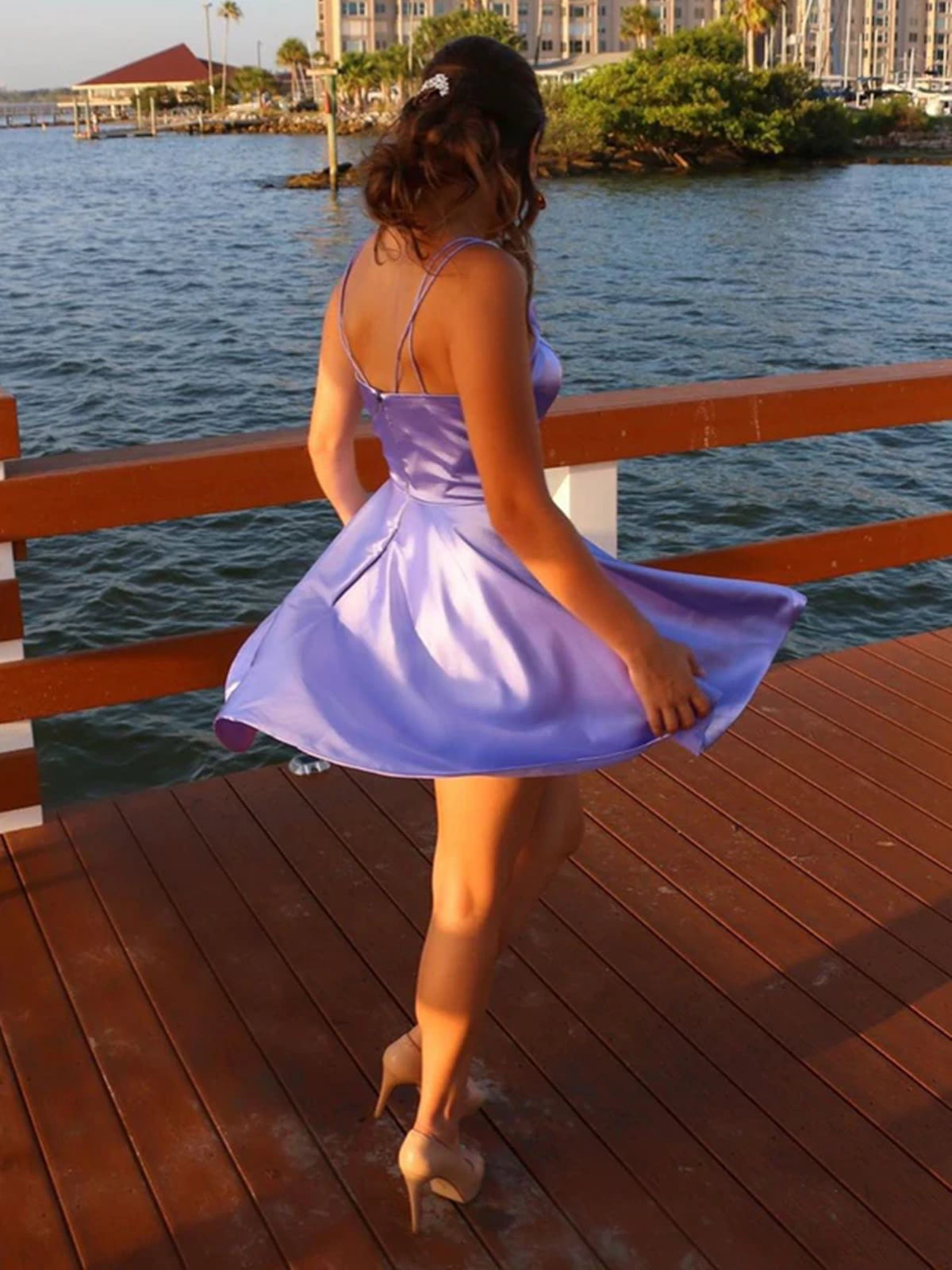 Short A-line V-neck Satin Prom Dress with Pockets Lilac Homecoming Dresses-BIZTUNNEL